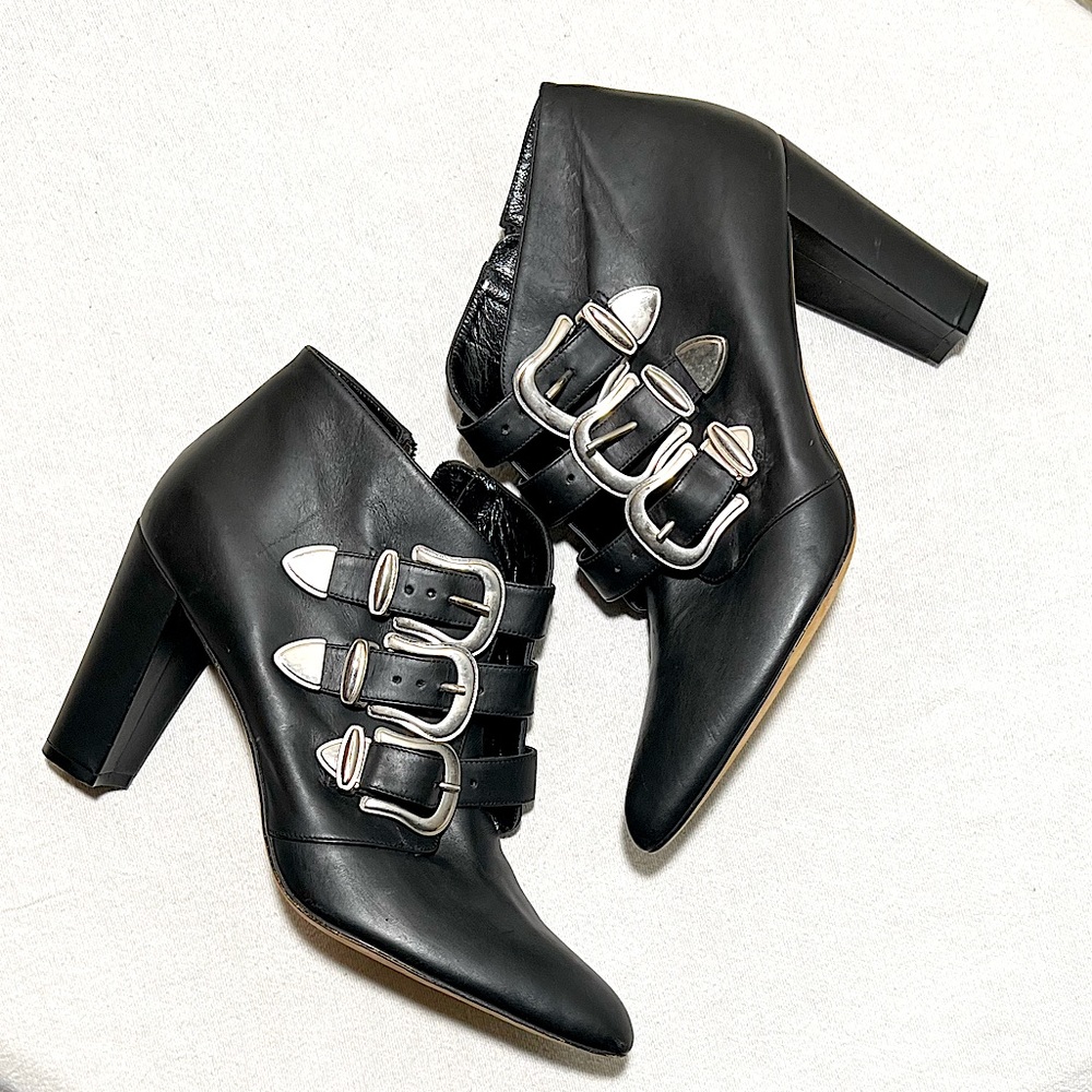Black Leather Manolo Blahnik Triple Buckle Accent Ankle Witch Booties Zavattini